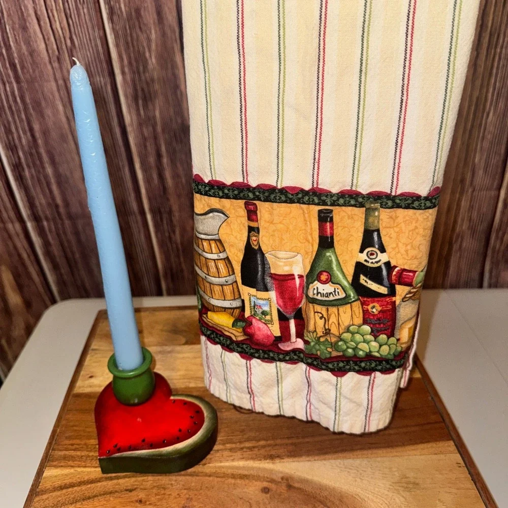 Norton Watermelon Heart Wood Candle Holder Wine Vineyard Tea Towel Set Red Green